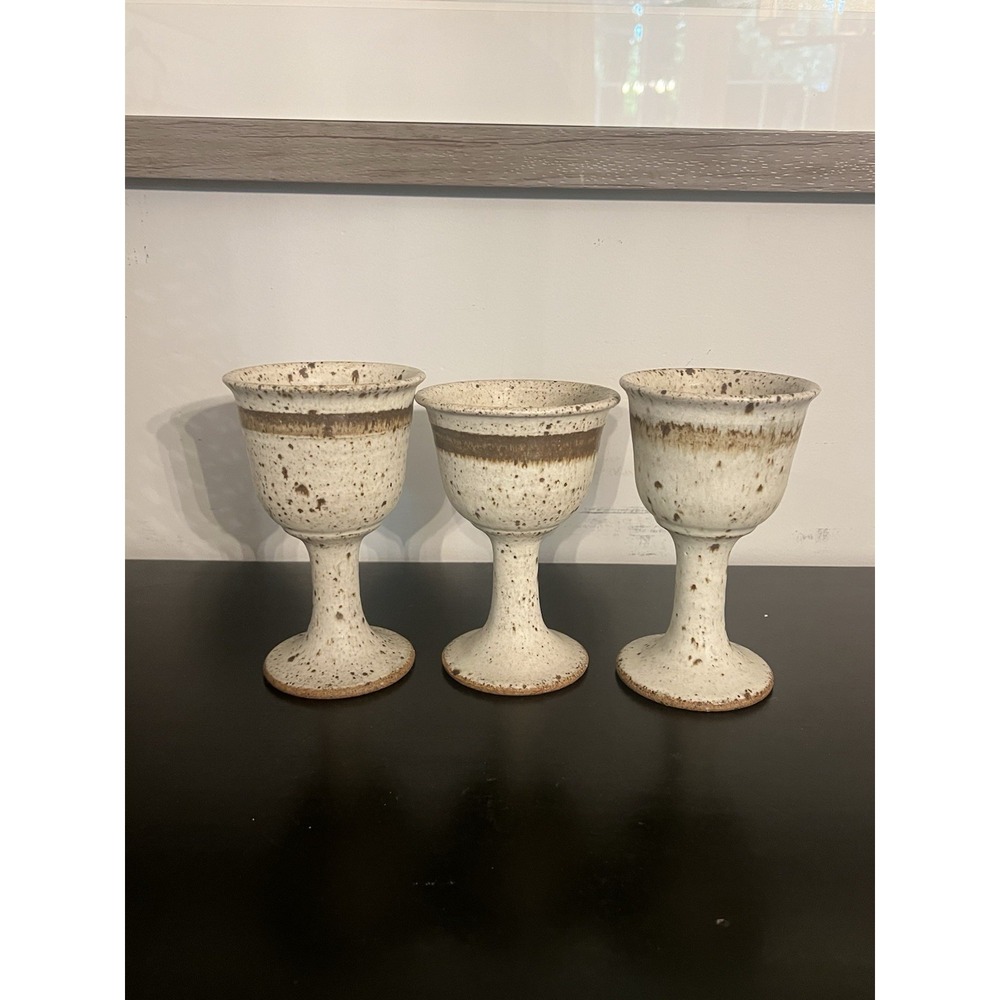 vintage set of 3 studio art pottery goblet gray cream brown speckled, marked